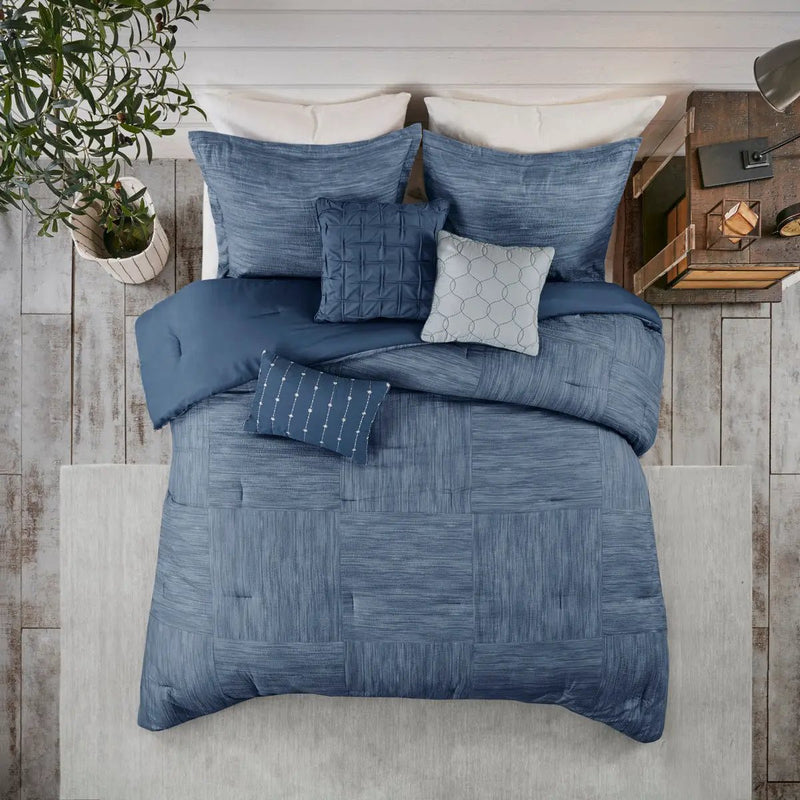 7 Piece Printed Seersucker Comforter Set Navy Queen by HouseOfZazla