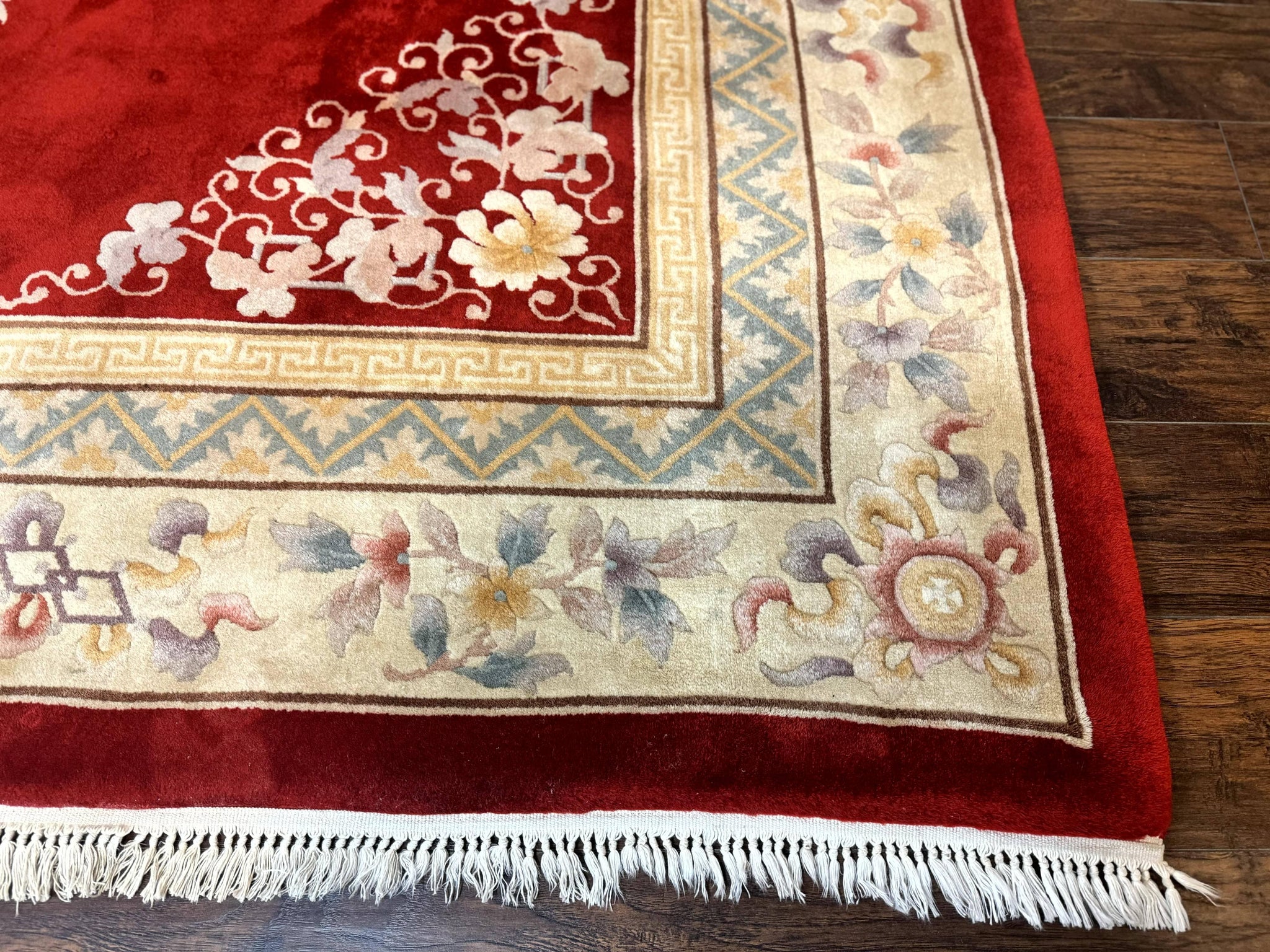 Chinese Wool Rug 8.6 x 11, Red and Beige Asian Oriental Carpet, Plush Pile, Vintage Handmade Chinese Carving Sculpted Rug, Semi Open Field by Jewel Rugs