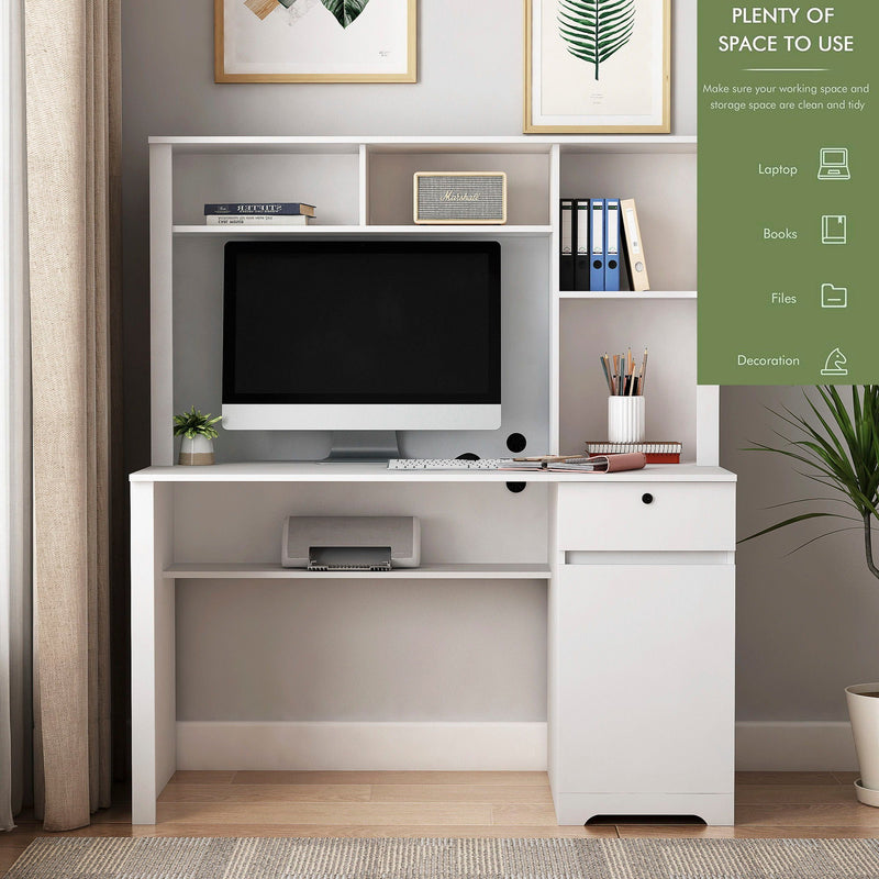 Computer Desk With Hutch & Bookshelf, Wood Executive Desk Teens Student Desk Writing Laptop Home Office Desk With Drawers, 3 Ac Outlets And 2 USB Charging Ports, Study Laptop Table For Home - White by Unique Piece Furniture