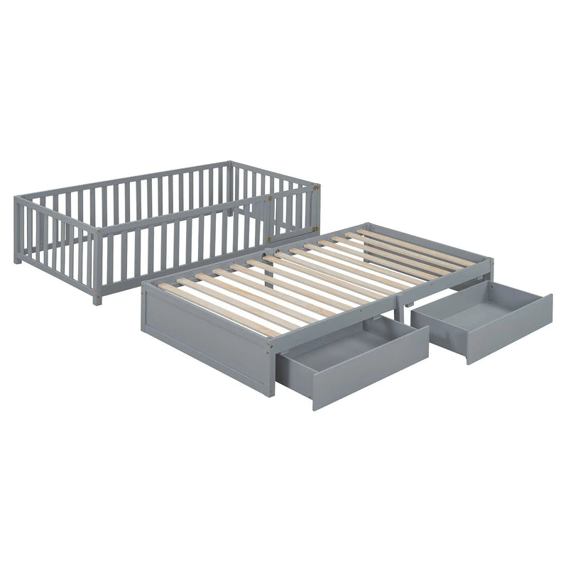 Daybed With Fence Guardrails And 2 Drawers, Split Into Independent Floor Bed & Daybed by HouseOfZazla