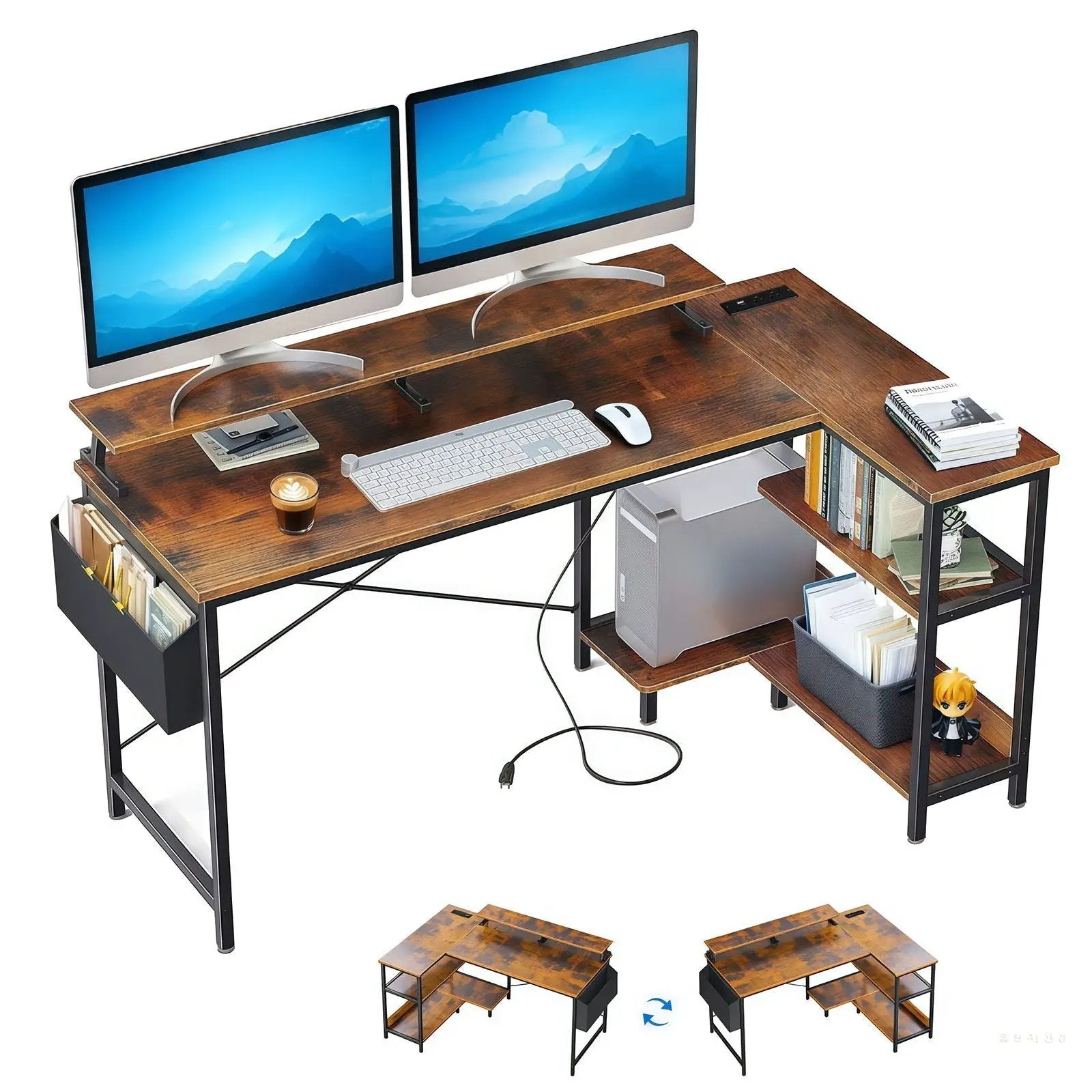 L-Shaped Gaming Desk With Power Outlets, Monitor Stand & Storage Shelves by HouseOfZazla
