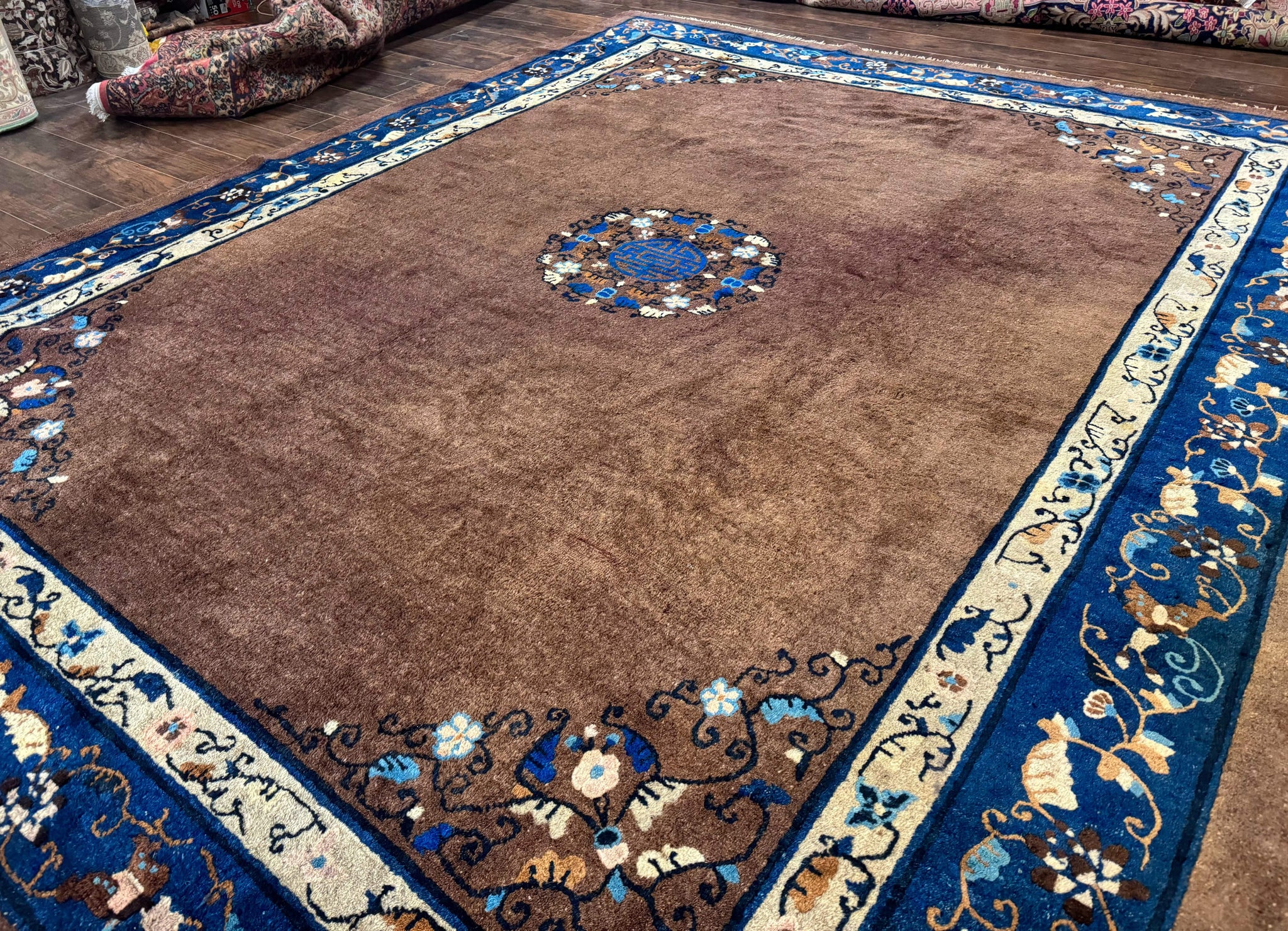 Antique Chinese Wool Rug 9x11, Large Chinese Art Deco Rug, Peking Rug, Brown and Blue, Open Field, Fete Rug by Jewel Rugs