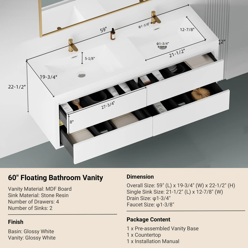 60" Wall-Mounted Bathroom Vanity with Sink, Floating Storage Cabinet by HouseOfZazla