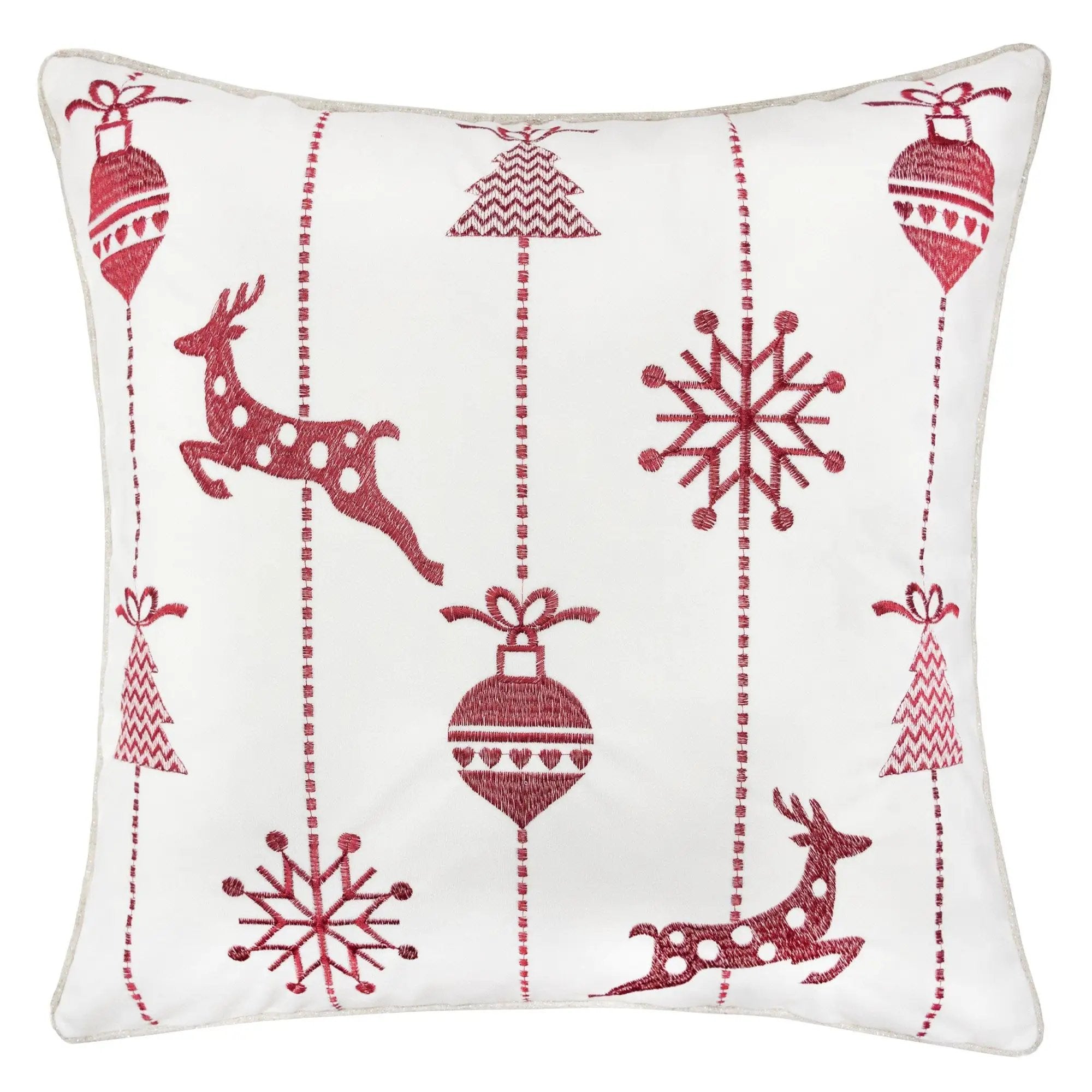 Christmas Throw Pillow With Embroidered Reindeer And Snowflakes - White by HouseOfZazla