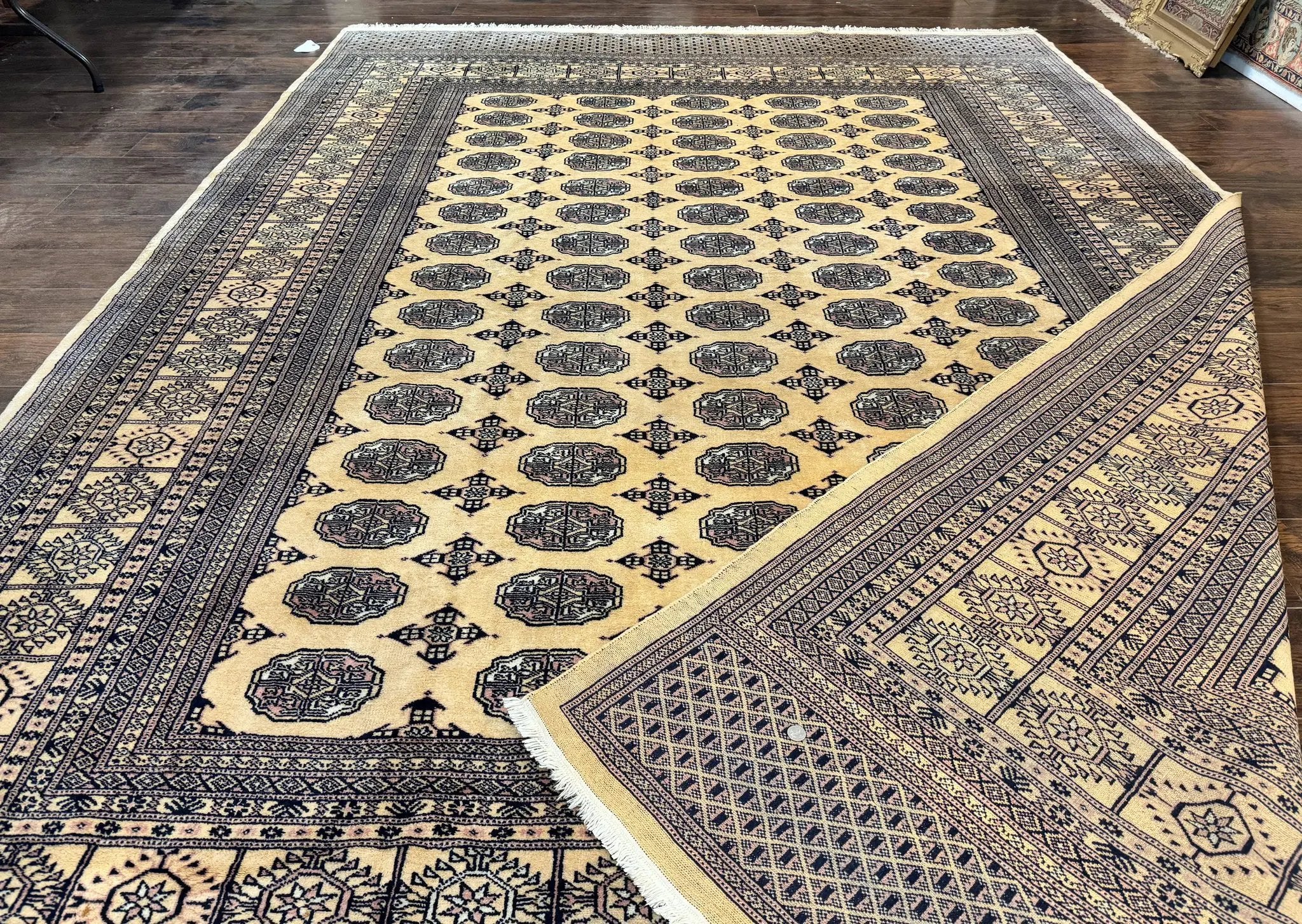 Pakistani Bokhara Turkoman Rug 9x11, Cream, Handmade Wool Vintage Carpet by Jewel Rugs
