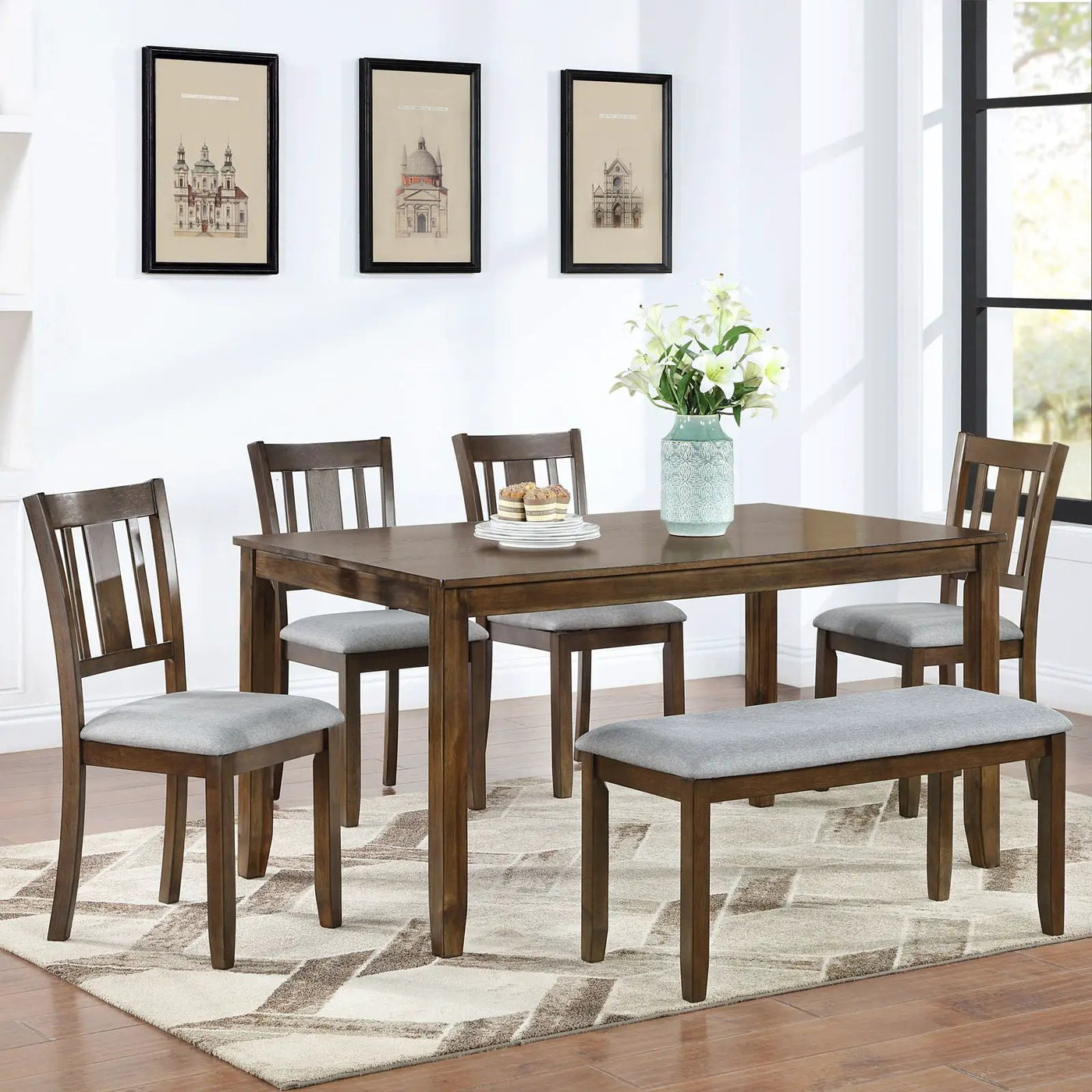 6 Pieces Kitchen Dining Set, Rectangular Wooden Dining Table With 4 Upholstered Chairs And A Bench by HouseOfZazla