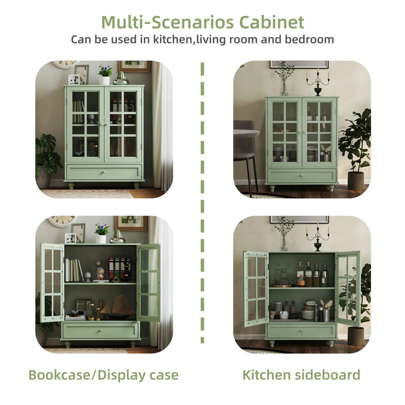 Minimalist Buffet Cabinet With Double Glass Doors And Drawer