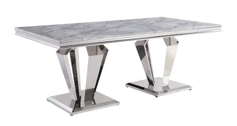 Satinka - Dining Table - Light Gray Printed Faux Marble Top & Mirrored Silver by Unique Piece Furniture