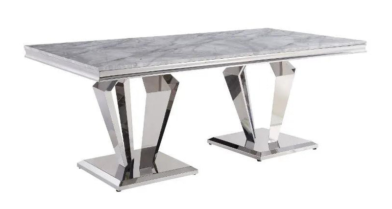 Satinka - Dining Table - Light Gray Printed Faux Marble Top & Mirrored Silver by Unique Piece Furniture