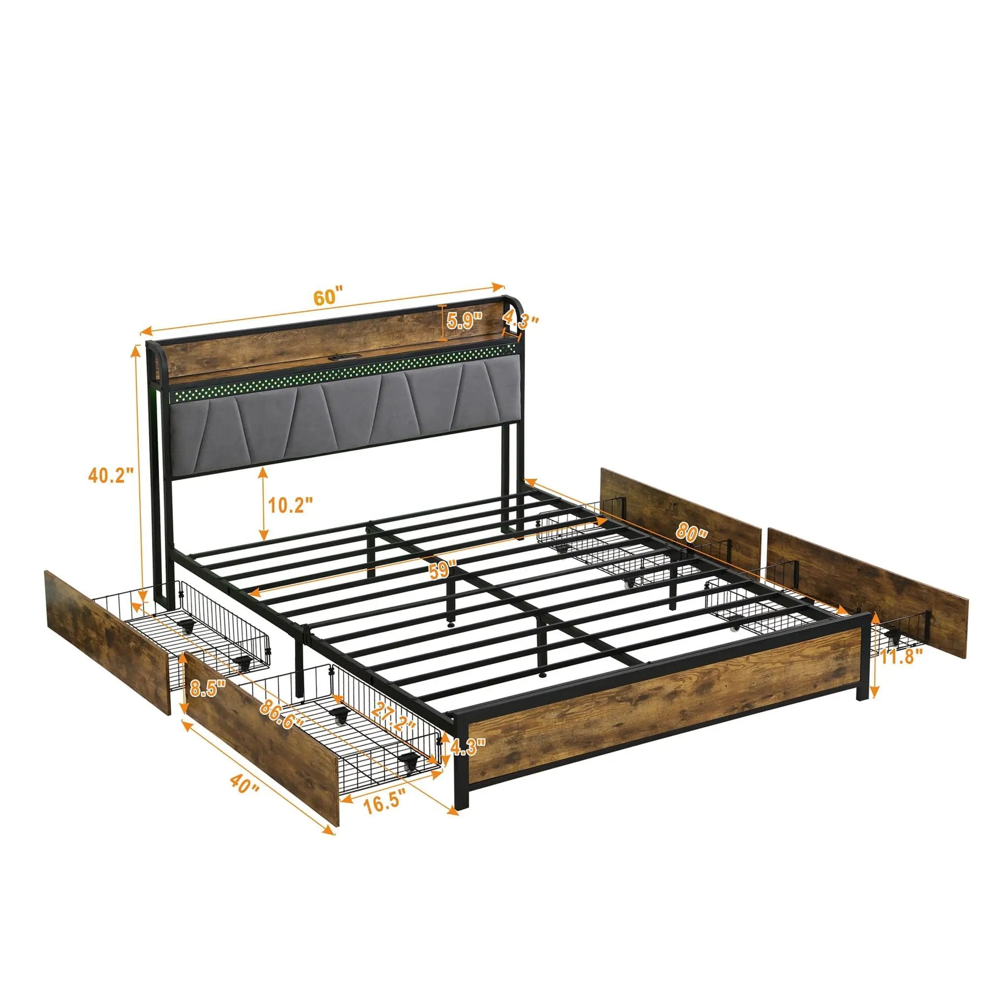 Modern Bed Frame With LED Lights, Upholstered Headboard, USB Charging by Unique Piece Furniture