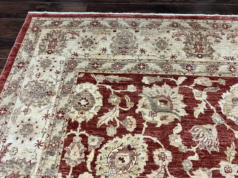 Pak Persian Rug 10x14, Sultanabad Mahal Peshawar Chobi Carpet, Large Vintage Wool Oriental Rug, Maroon & Beige, Floral Allover, Handmade by Jewel Rugs