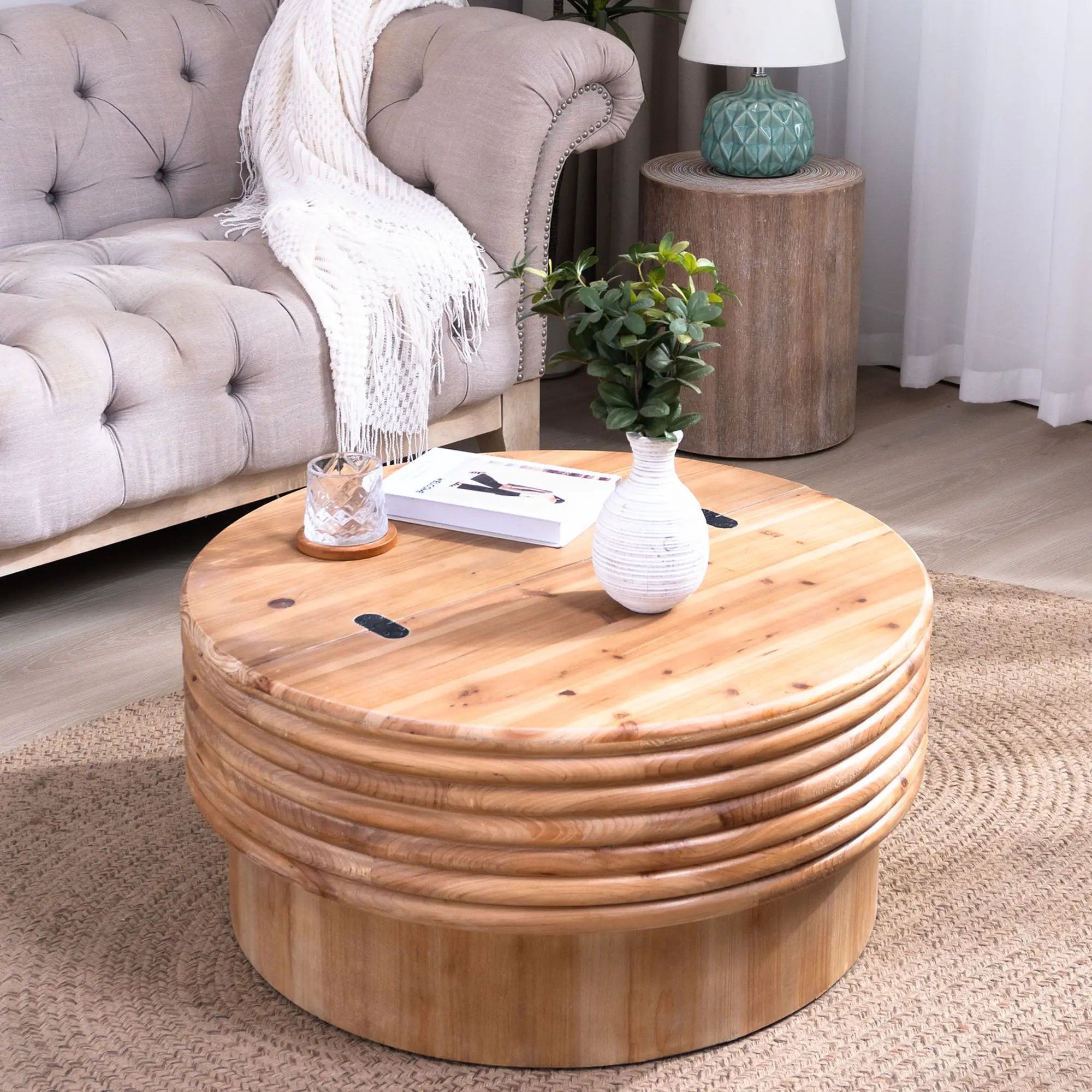Round Wooden Coffee Table With Hidden Storage, Modern Rustic Centerpiece For Living Room - Multi / Natural / Rustic by Unique Piece Furniture