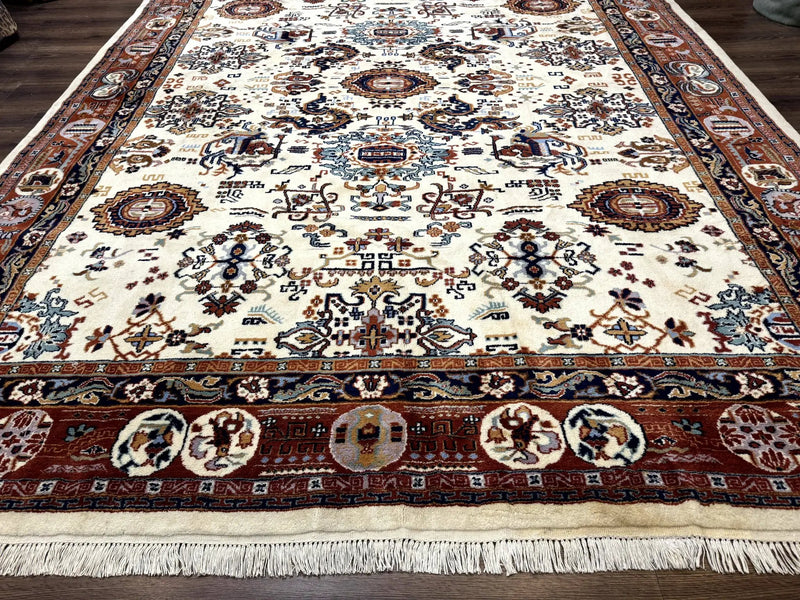 Indo Chinese Wool Rug 9x12, Ivory and Rust Red, Dragon Motifs by Jewel Rugs
