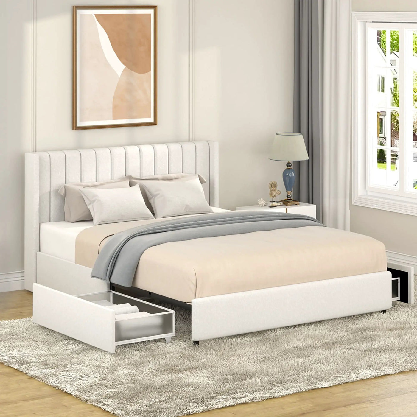 Anda - Boucle Upholstered Platform Bed With Patented Drawers Storage - Ivory by Unique Piece Furniture