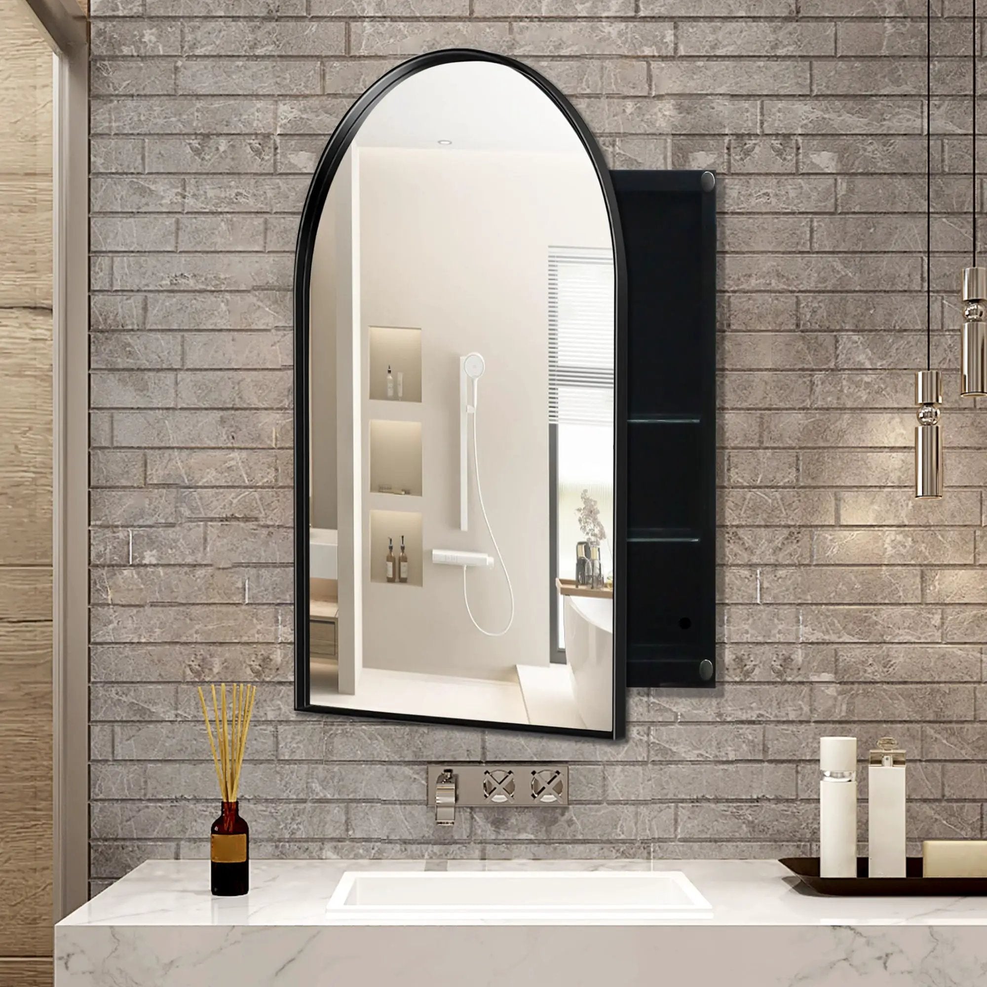 Arched Recessed Medicine Cabinet, Metal Framed Bathroom Wall Cabinet With Mirror And Adjustable Shelves, Wall Mirror With Storage For Bathroom by Unique Piece Furniture
