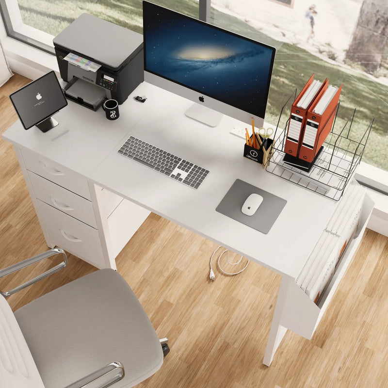 Office Desk With Power Outlet, 3 Drawers And Side Pocket For Office - White by HouseOfZazla
