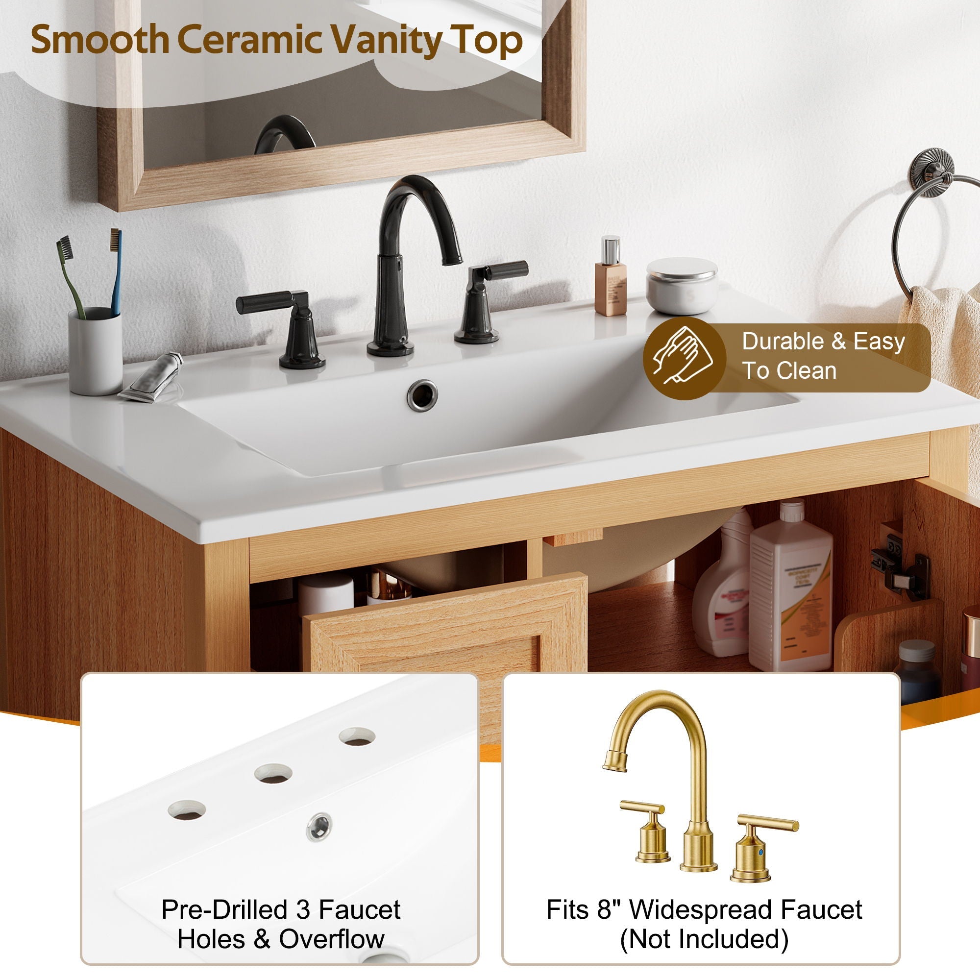 Modern Bathroom Vanity With Sink, Soft Close Drawers & Door, Storage Rack by HouseOfZazla