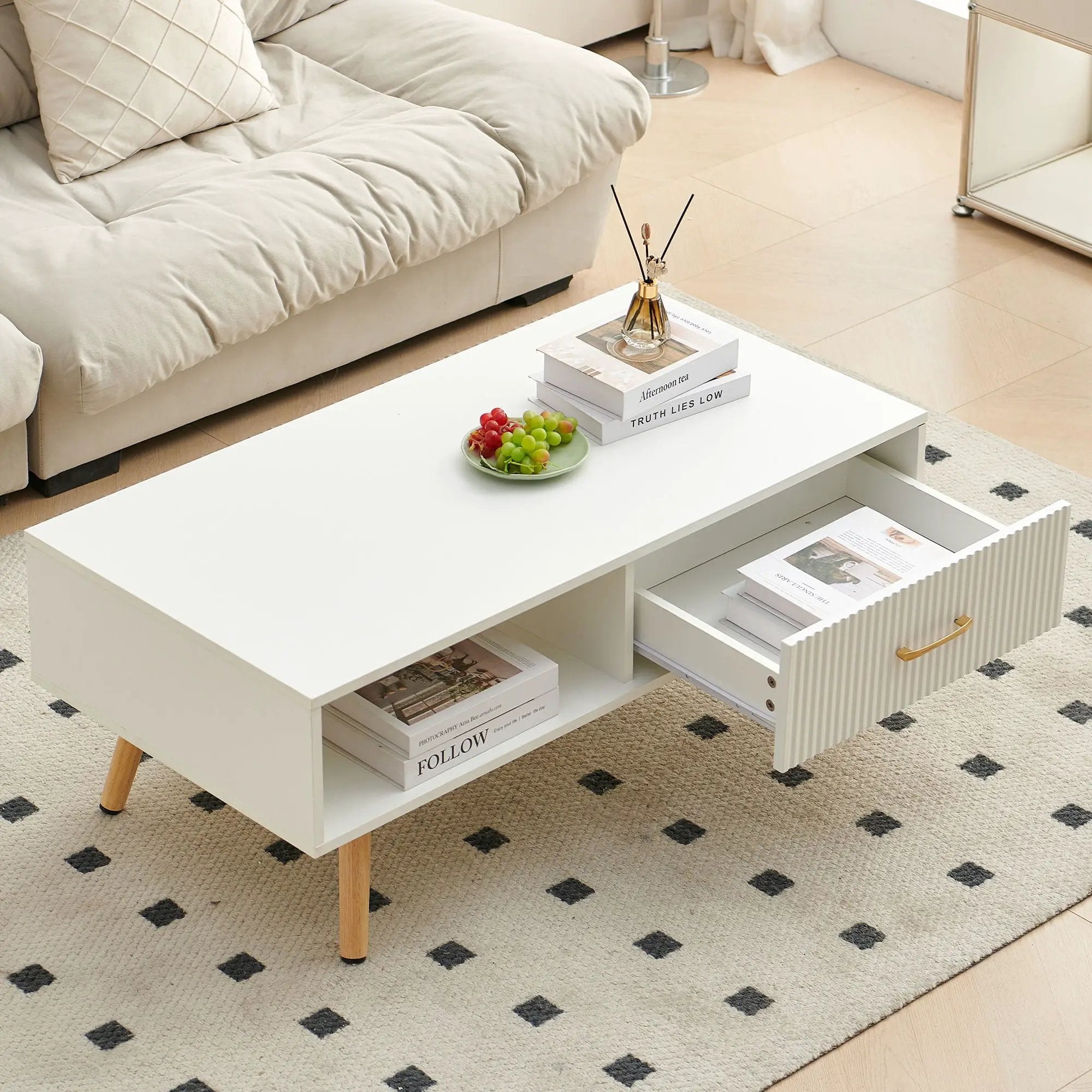 Modern Rectangle Coffee Table With Legs, Sliding Drawer For Storage - White by HouseOfZazla