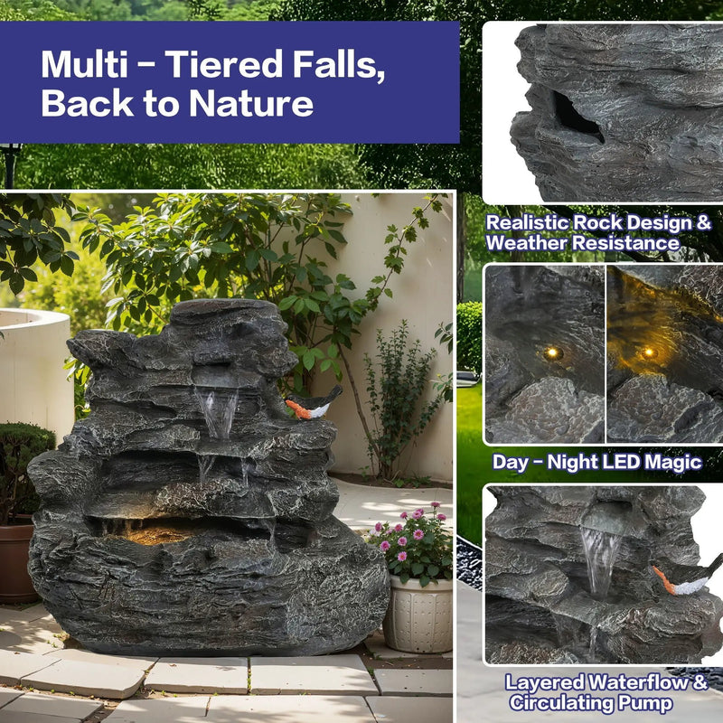 Concrete Rock Waterfall Fountain with LED Lights by HouseOfZazla