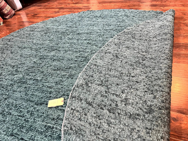 Large Round Indian Rug 11x11, Teal, Vintage Handmade Wool Carpet by Jewel Rugs