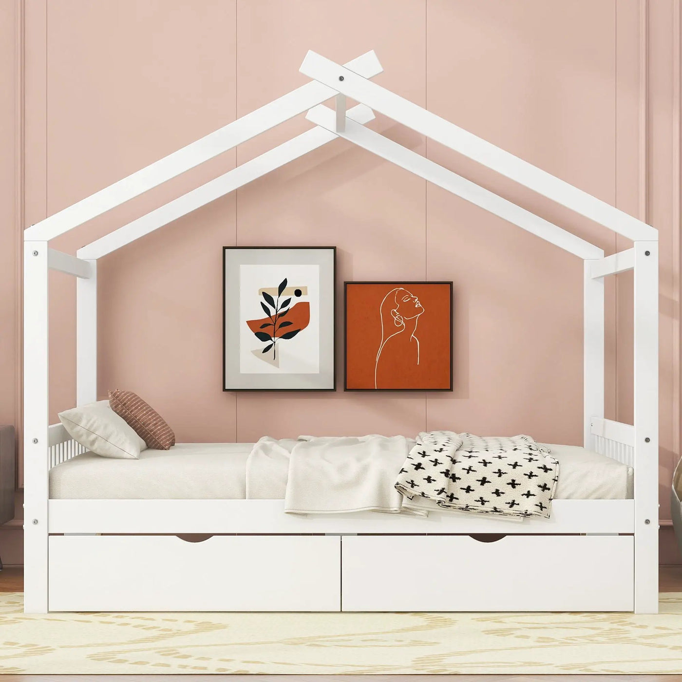 House Style Platform Bed With Headboard, Footboard, 2 Drawers, And Roof Design by HouseOfZazla
