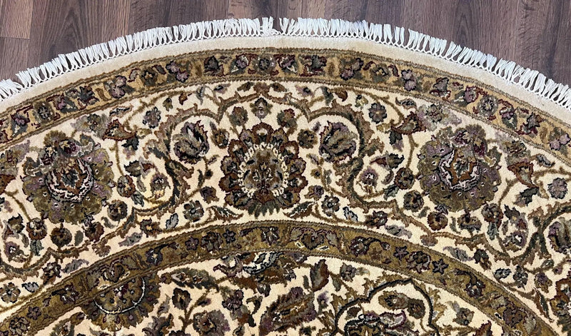 Round Indo Persian Rug 8x8 ft, Large Hand Knotted Vintage Wool Circular Carpet, 8ft Round Oriental Rug, Floral Medallion, Cream and Green by Jewel Rugs