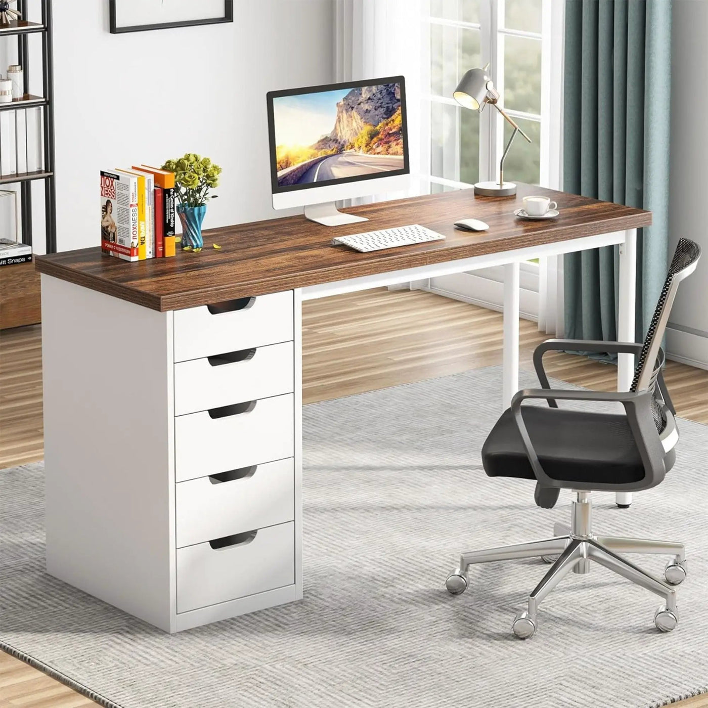 Computer Desk With 5 Drawers, Reversible Cabinet Design by HouseOfZazla