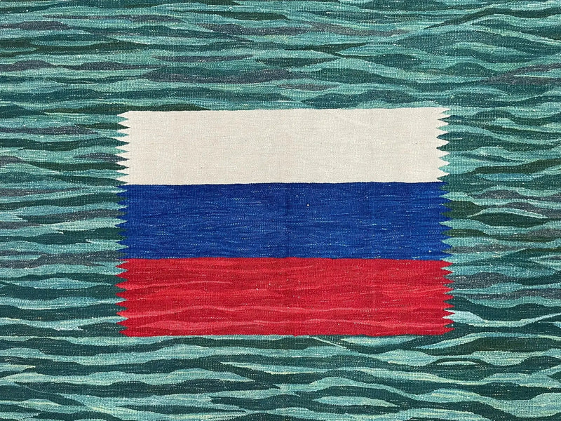 Sea Green Kilim Area Rug, White Blue Red Stripes, Russian Flag Rug, Flatweave Hand Knotted Carpet, Turkish Carpet, Wool, New, 5' 6" x 7' 10" by Jewel Rugs