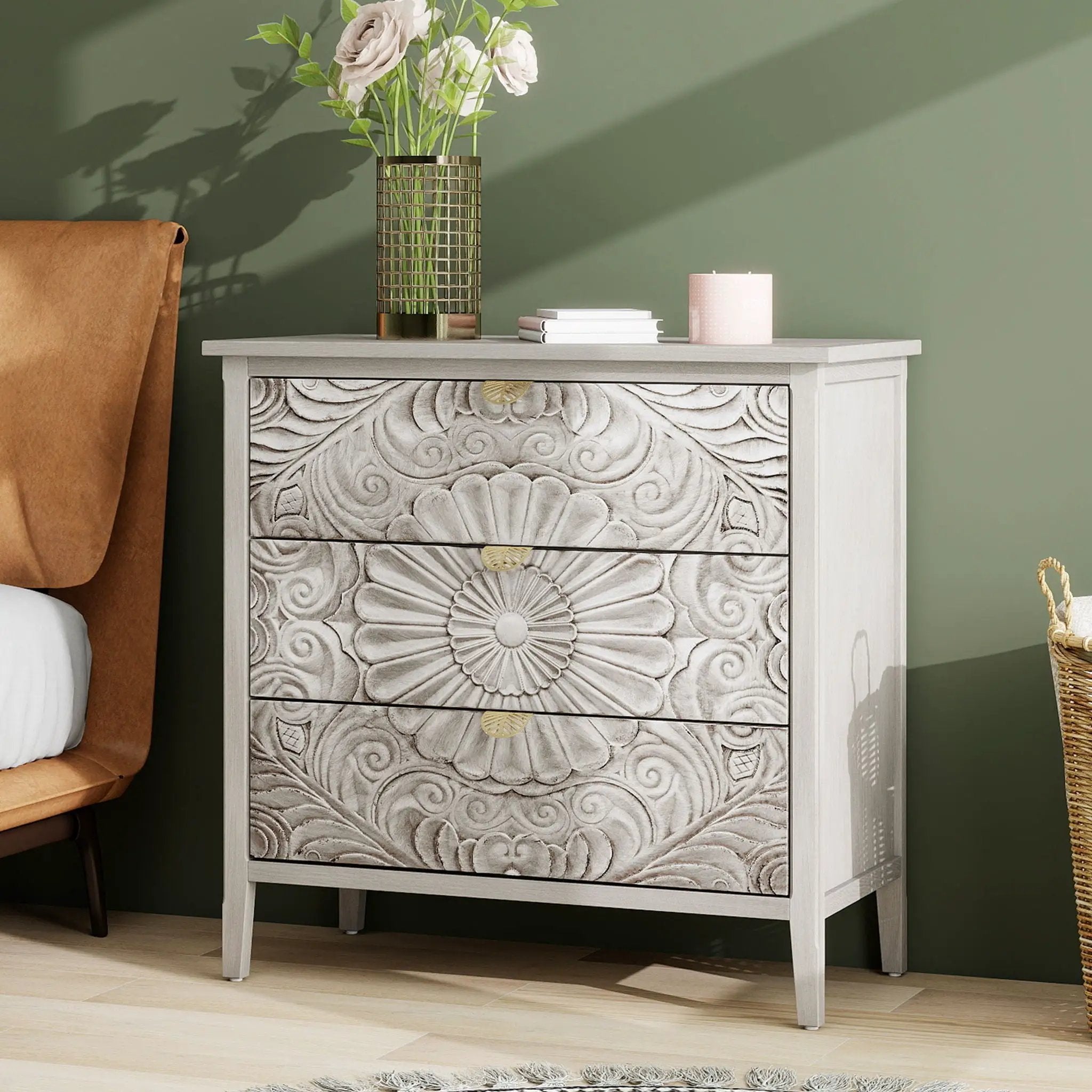 3 Drawer Cabinet, American Furniture, Suitable For Bedroom, Living Room - Light Gray by HouseOfZazla