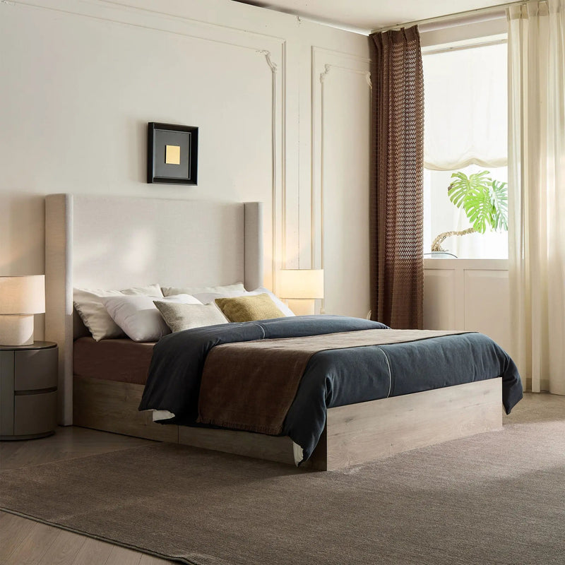 Shelton - Queen Upholstered Wingback Bed With 54" High Headboard - Ivory / Light Gray / Camel Oak by Unique Piece Furniture