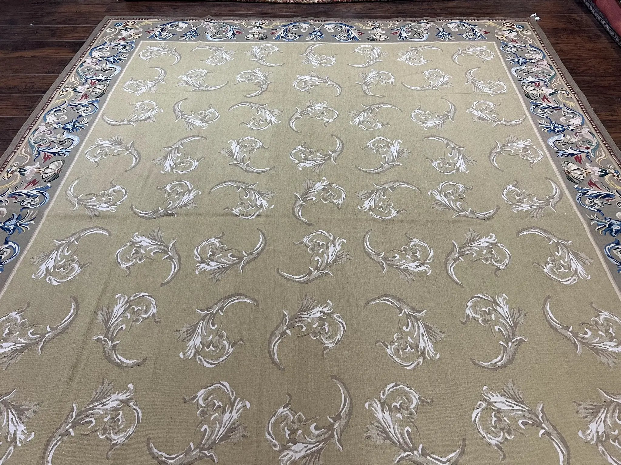 Vintage Aubusson Flatweave Area Rug 9x12, Aubusson Weave, Wool, Beige, Handmade, French European Design, 8'9" x 11'9" by Jewel Rugs
