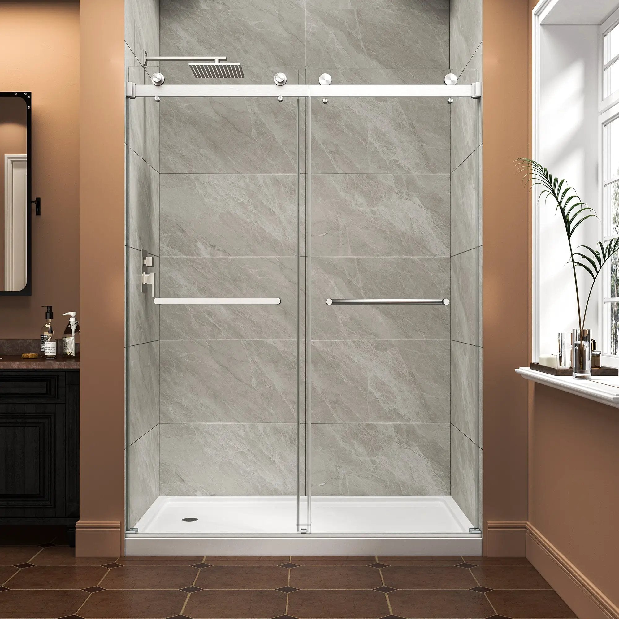 55"-60" W x 76" H Brushed Nickel Reversible Frameless Sliding Shower Door by HouseOfZazla