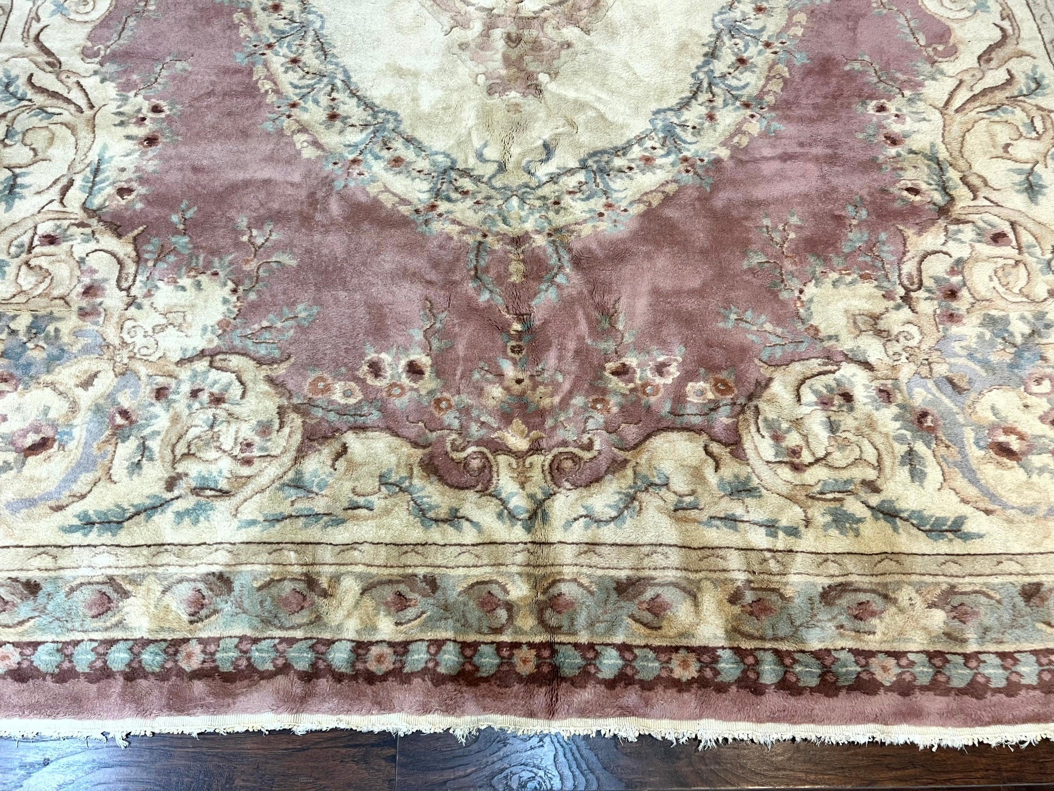 Indo Chinese Aubusson Wool Rug 10x14, Pink and Cream, Handmade Vintage Wool Carpet, Elegant European Design by Jewel Rugs