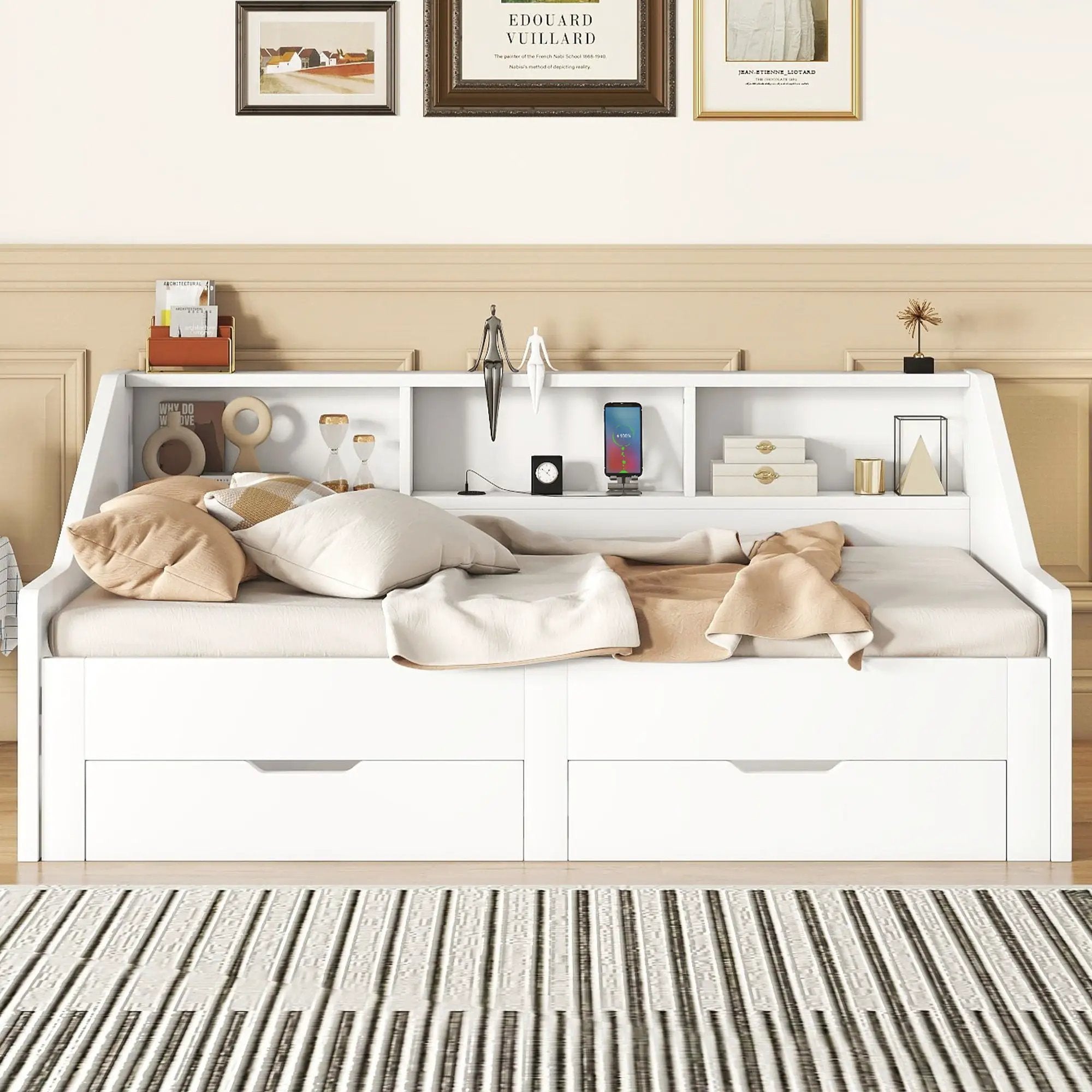 Daybed Frame With Storage Bookcases, 2 Drawers, Charging Station by Unique Piece Furniture