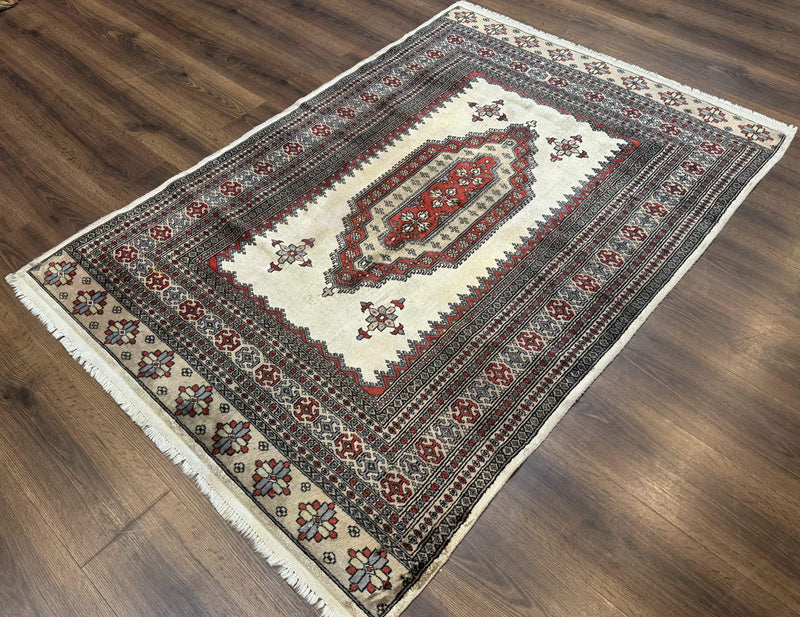 Pakistani Turkoman Rug 4x6, Semi Open Field, Ivory, Vintage by Jewel Rugs