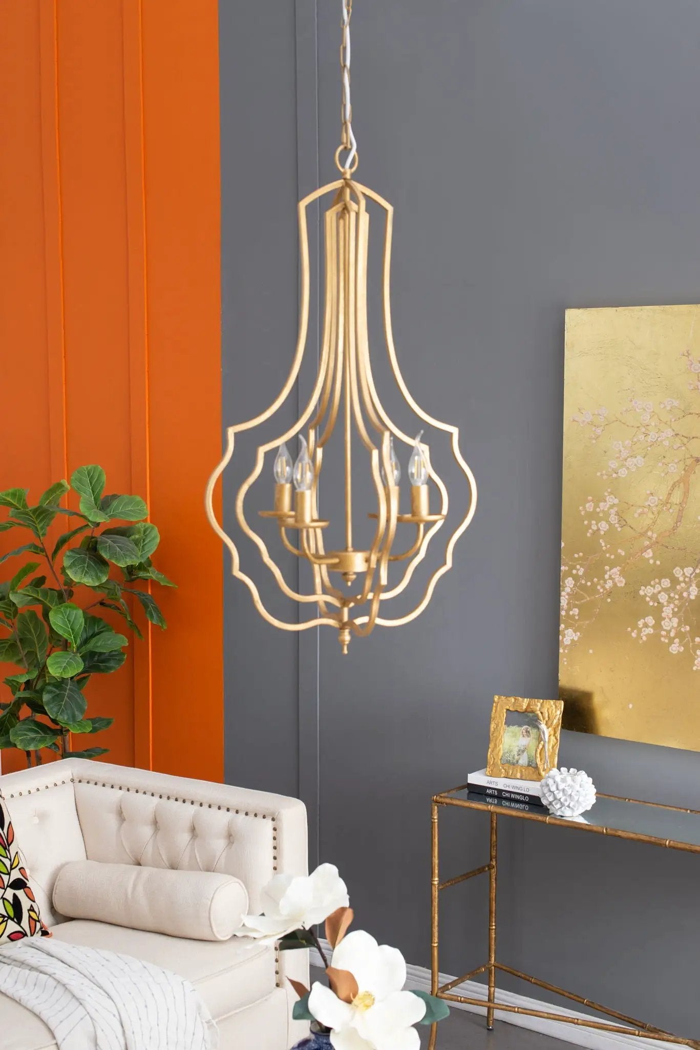 4 Light Chandelier, Hanging Light Fixture With Adjustable Chain For Kitchen, Bulb Not Included - Gold by HouseOfZazla