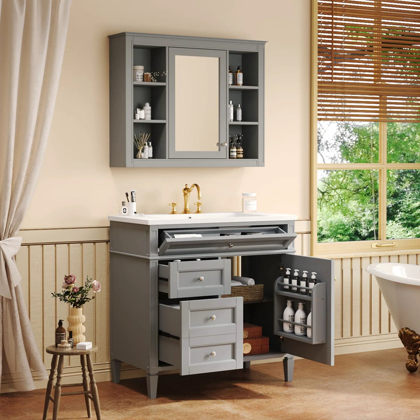 Bathroom Vanity With Mirror Cabinet, Single Sink With 2 Soft Closing Doors And 4 Drawers by Unique Piece Furniture
