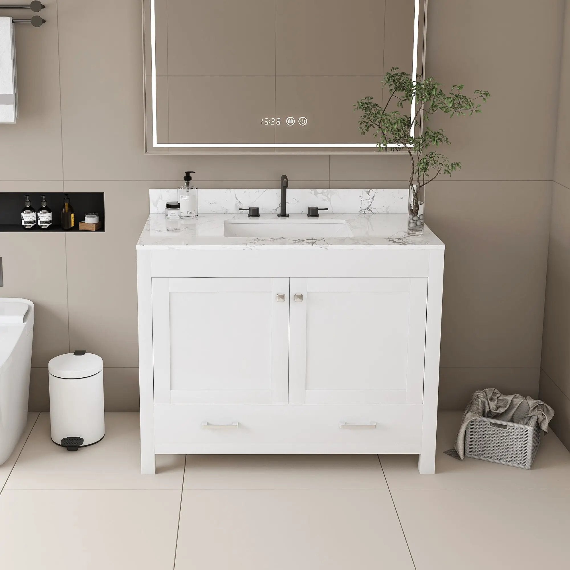 43" Bathroom Vanity With Artificial Marble Carrara Top Set, Multi Functional Bathroom Cabinet With Doors And Drawer - White by HouseOfZazla