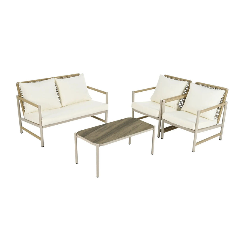 4 Pieces Patio Furniture Set, PE Rattan Wicker With Washable Cushion And Tempered Glass Tabletop, Conversation Furniture For Garden Poolside Balcony by HouseOfZazla