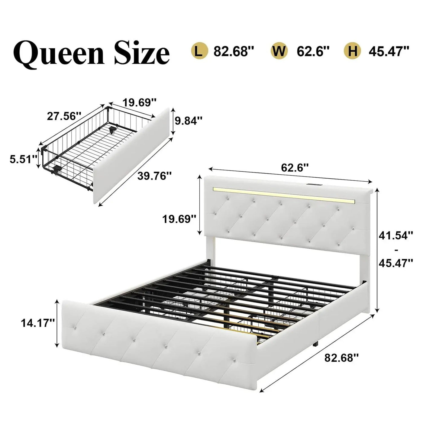 Upholstered Bed Frame With LED Lights, 4 Storage Drawers, Charging Station by HouseOfZazla