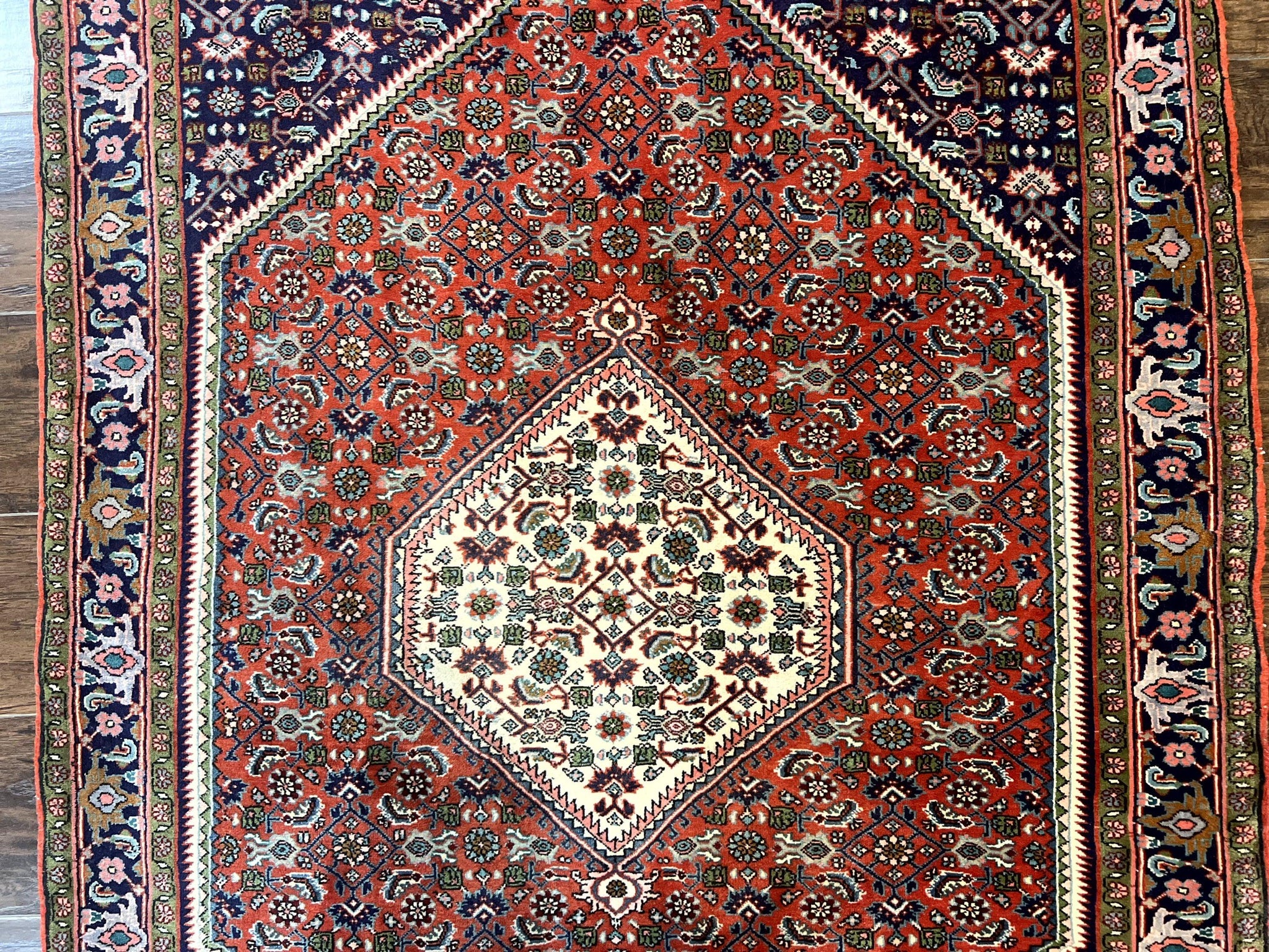 Persian Bidjar Rug 4x5, Finely Hand Knotted Vintage Carpet, Red and Navy Blue, Handmade Wool Rug, 180 KPSI by Jewel Rugs