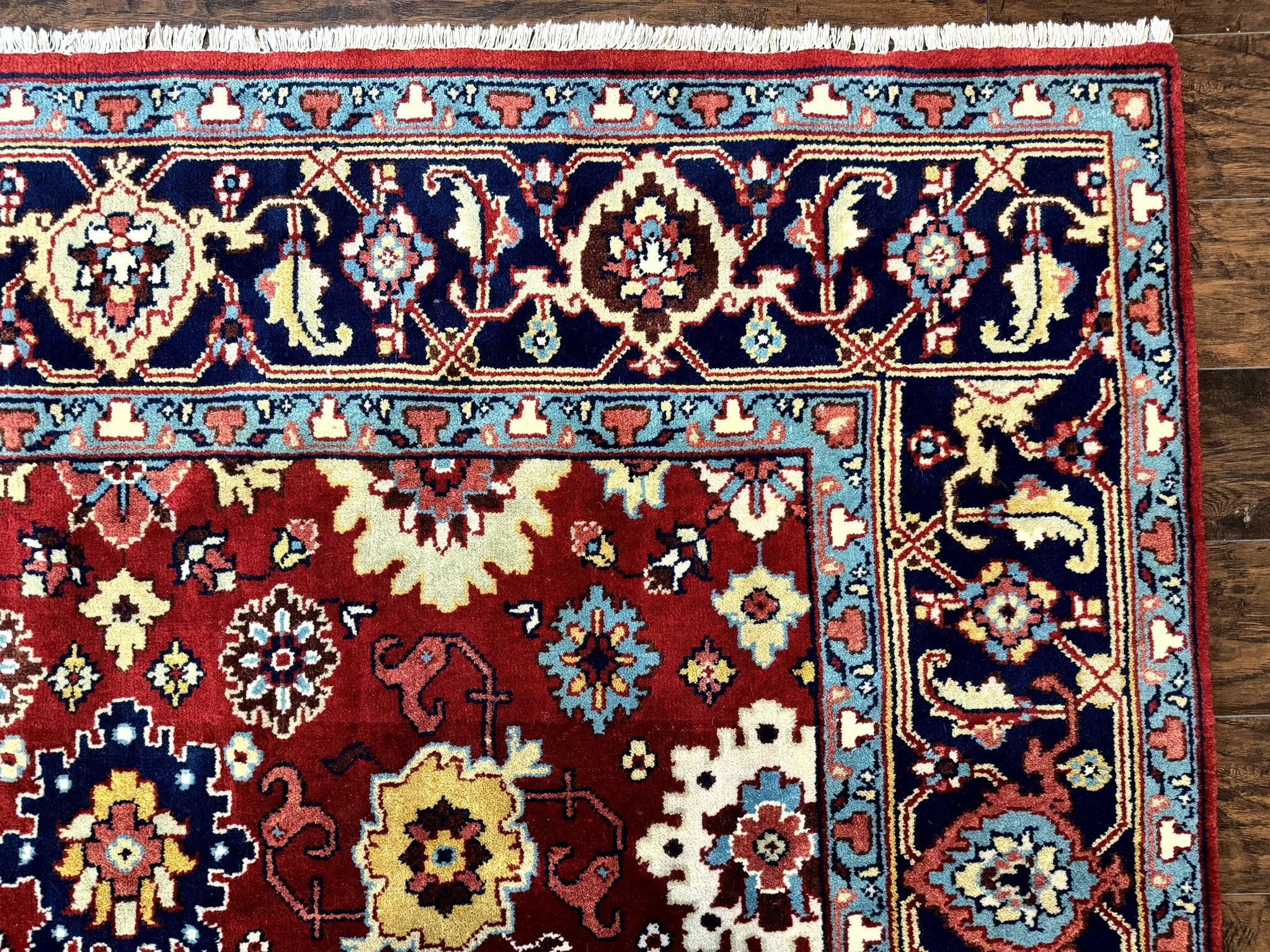Indo Heriz Rug 8x10, Red and Navy Blue, Allover Pattern, Wool Handmade Carpet by Jewel Rugs