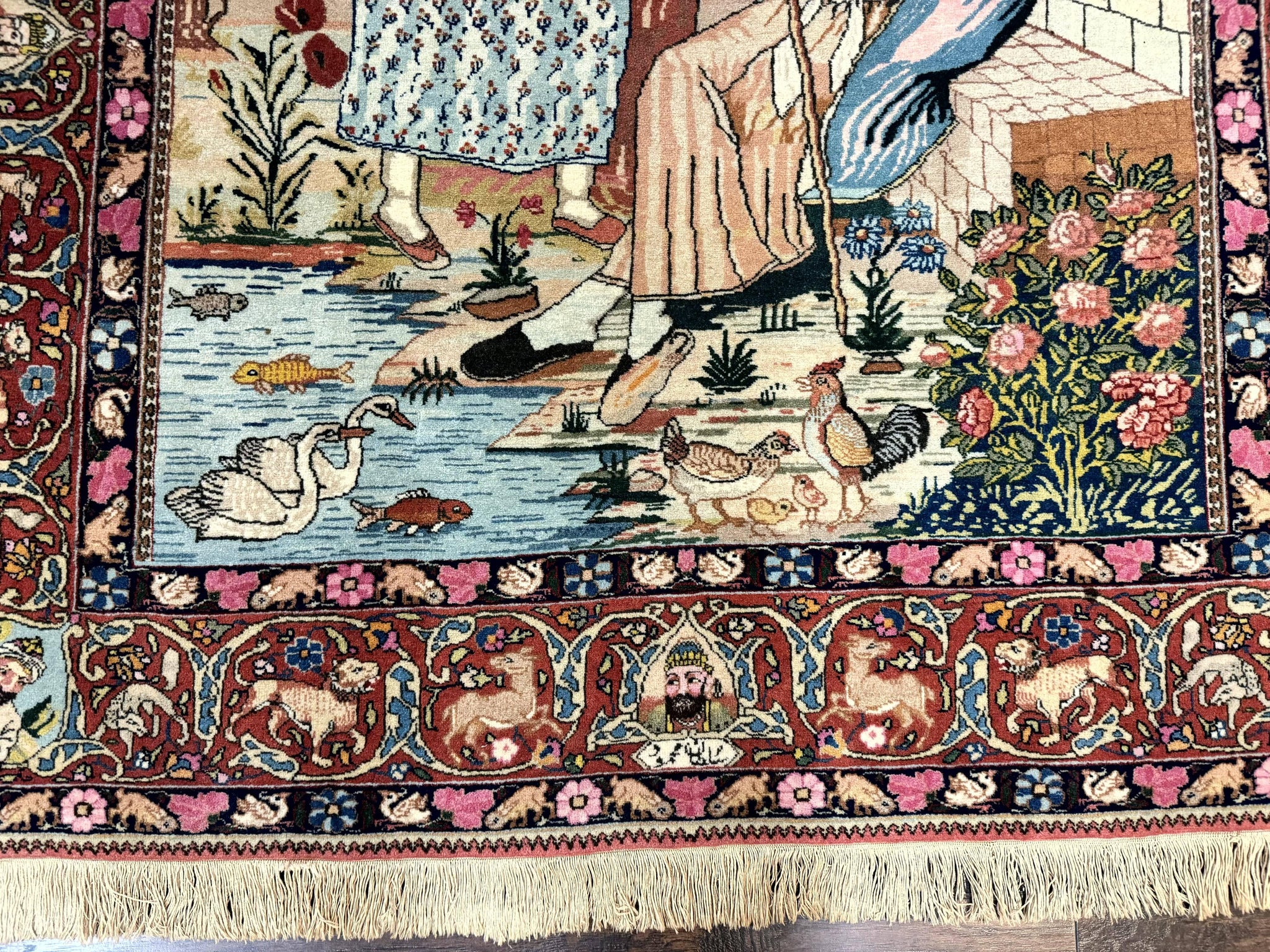 Wonderful Persian Kashan Pictorial Rug 4.7 x 6.5, Persian Rug for Wall Hanging, Handmade Antique Wool Carpet Animal Motifs Poetry Lovers, 240 KPSI by Jewel Rugs