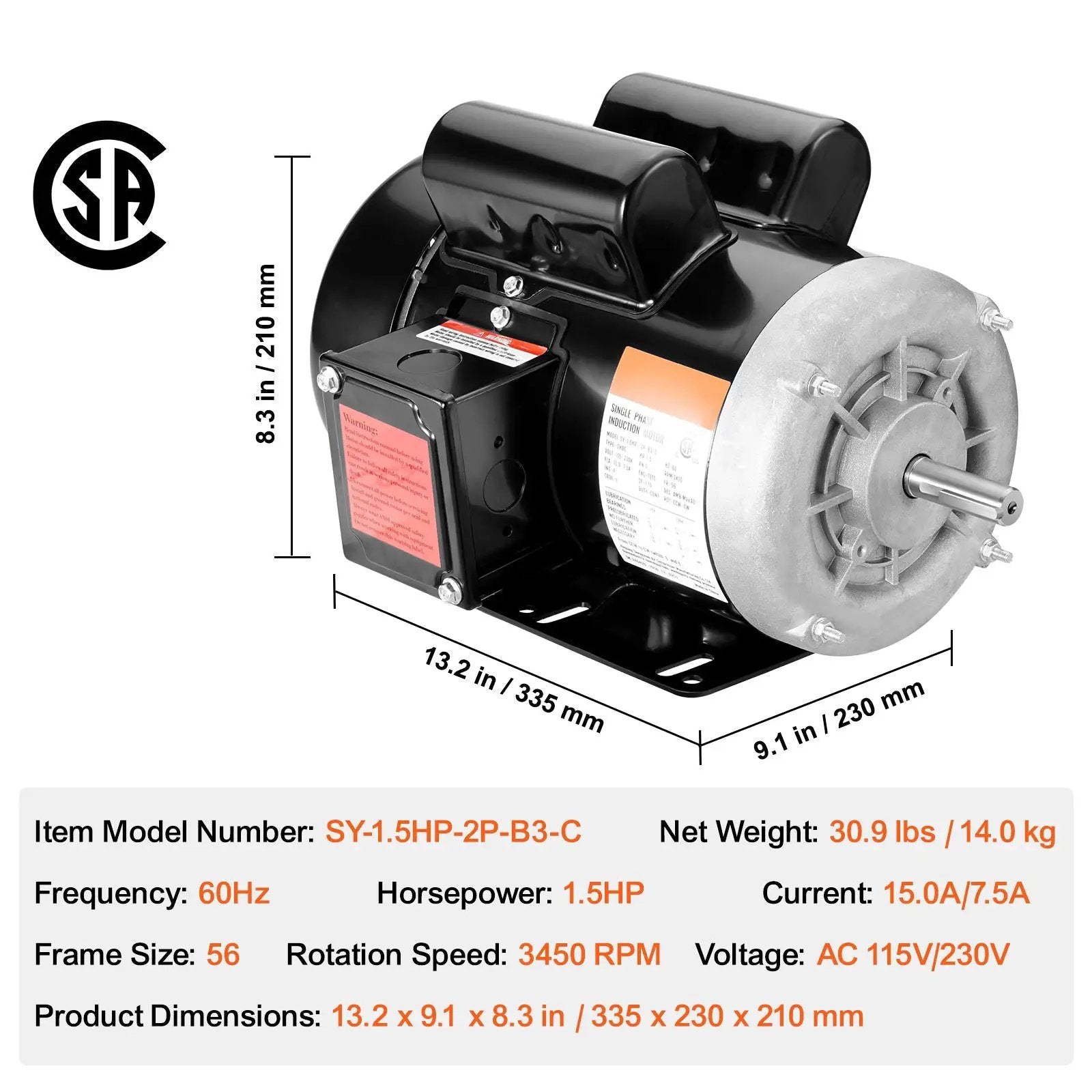 1.5HP Electric Motor 3450 RPM AC 115V/230V by HouseOfZazla