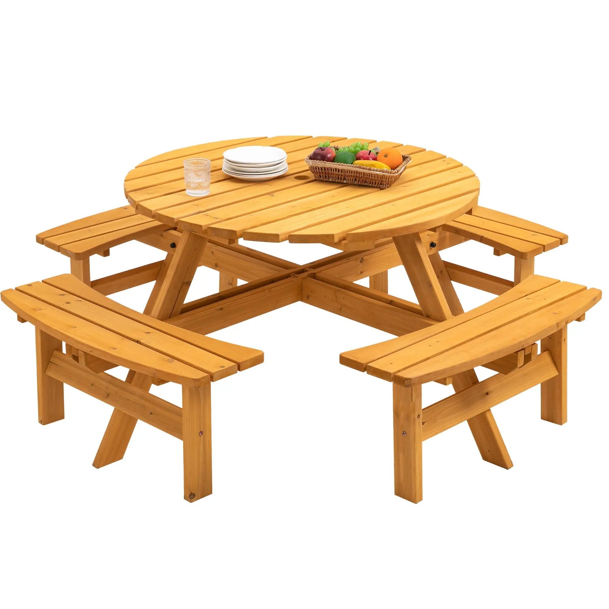 8 Person Wooden Picnic Table, Outdoor Camping Dining Table With Seat, Garden, Diy With 4 Built-In Benches, 2220Lb Capacity by Unique Piece Furniture