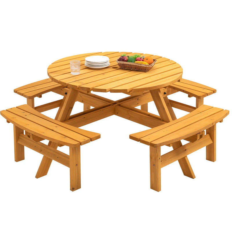 8 Person Wooden Picnic Table, Outdoor Camping Dining Table With Seat, Garden, Diy With 4 Built-In Benches, 2220Lb Capacity by Unique Piece Furniture
