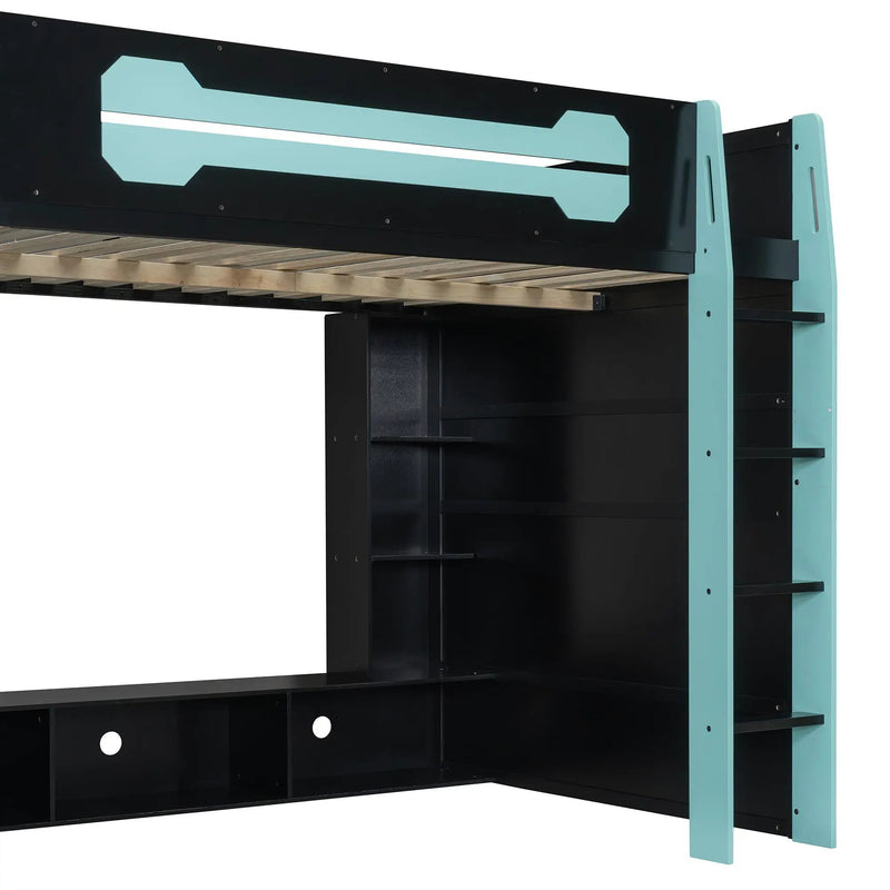 Full Size Wood Loft Bed with Desk, Multi-storage Shelves and RGB Light, photo 8 of 10