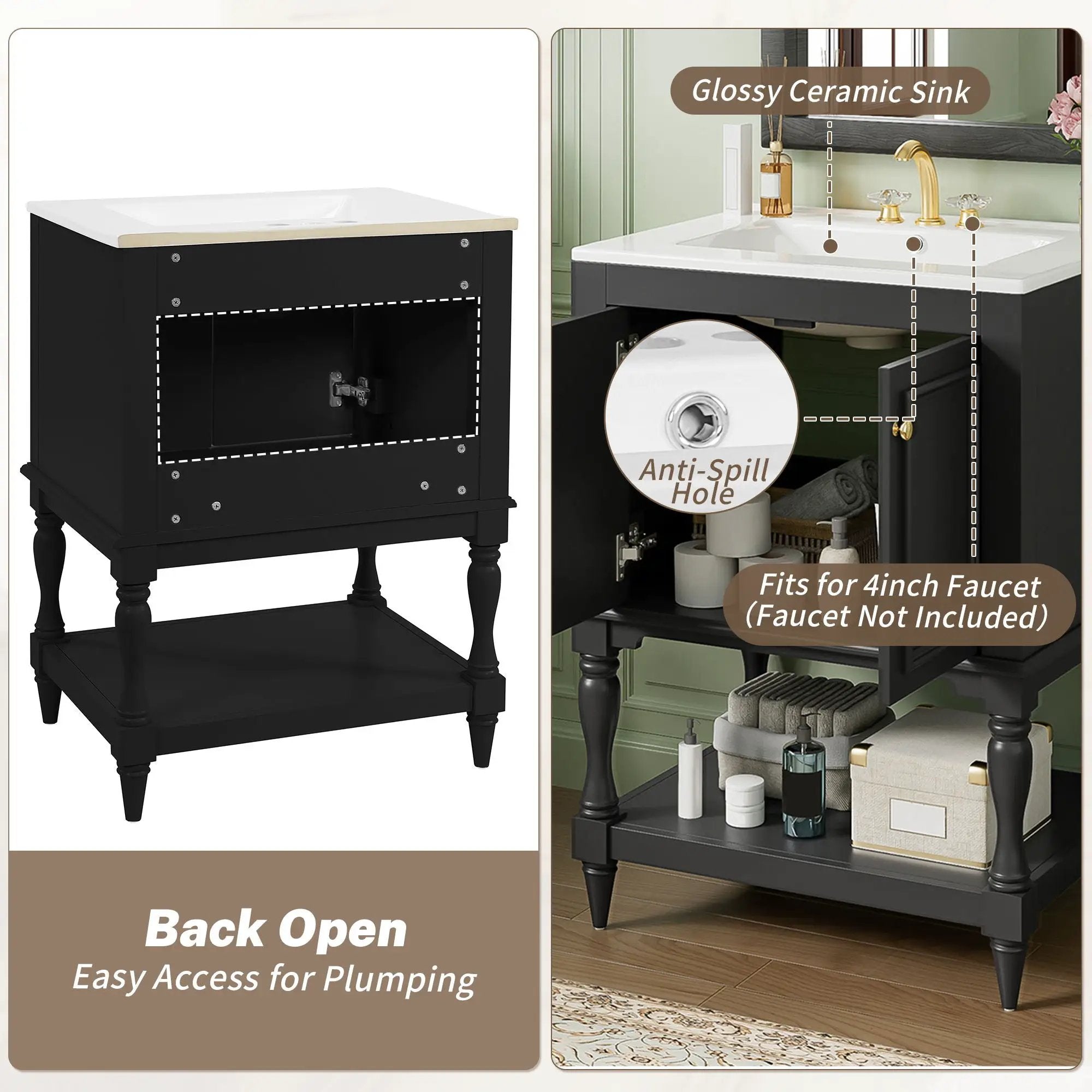Modern Bathroom Vanity With Sink, Rectangular Cabinet With Open Shelf And Closed Storage by Unique Piece Furniture