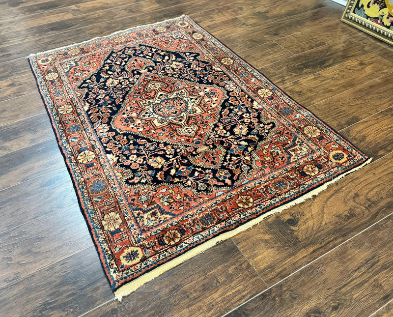 Persian Sarouk Rug 3.6 x 5, Medallion Rug, Red and Midnight Blue, Handmade Semi Antique Vintage Wool Carpet by Jewel Rugs
