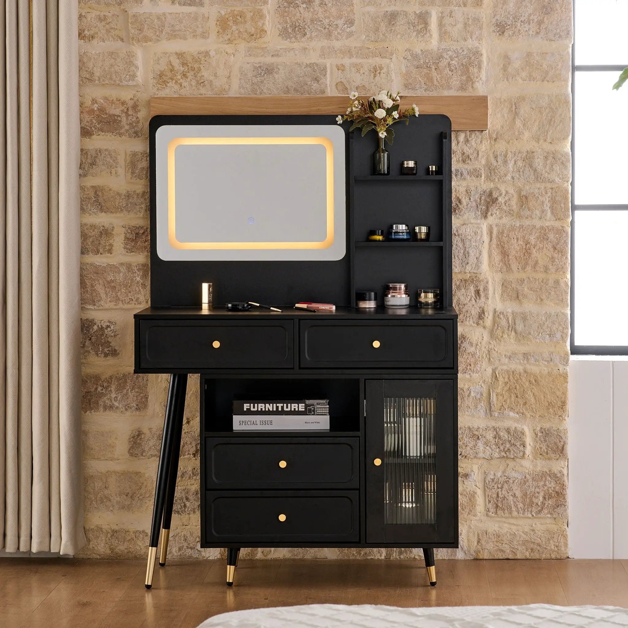 Modern Makeup Vanity Desk With Mirror And Lights Retractable Design Engineered Wood - Black by HouseOfZazla